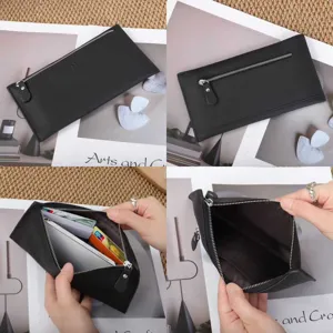 Slim genuine leather long wallet for women, minimalist zipper clutch with card and cash slots.