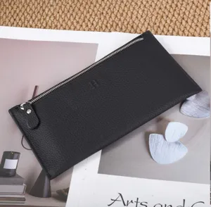 Slim leather long wallet for women black minimalist zipper purse card holder coin bag