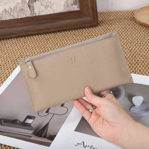 Women genuine leather long wallet slim casual zipper purse soft phone holder chic design