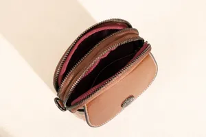 Brown leather vertical crossbody phone bag, multi-layer zipper small shoulder bag for women.