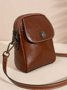 Women's Genuine Leather Cell Phone Bag Fashion Vertical Multi Layer Crossbody Small Bag Casual Shoulder Bag Phone Pouch