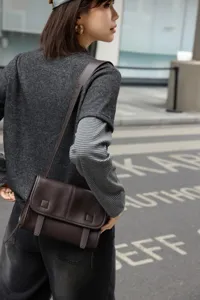 Dark brown cowhide leather messenger bag detail, casual vintage crossbody shoulder commuting bag