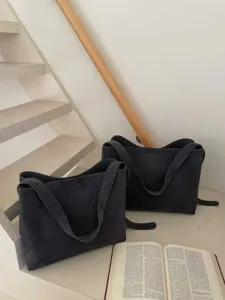 Women large capacity suede tote bag vintage dark grey minimalist shoulder commuting bag