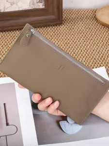 Women's Genuine Leather Long Wallet Ultra-Thin Minimalist Casual Zipper Purse Phone Holder Top Layer Cowhide Card Holder