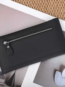 Black long leather wallet for women with zipper pocket, minimalist casual slim design purse.