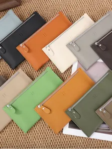 Genuine leather slim long zipper wallet for women, minimalist color options coin purse.