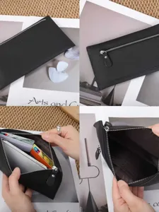 Minimalist genuine leather long wallet for women, slim casual zipper purse with phone pocket.