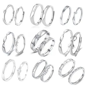 Minimalist Copper Rhinestone Open Adjusting Couple Rings Fashion Geometric Matching Rings Jewelry Set For Lover Valentine Gift
