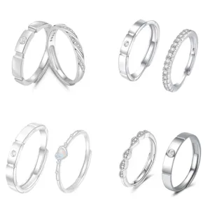 Minimalist Copper Rhinestone Couple Rings Fashion Silver Open Adjusted Ring Gift Jewelry For Matching Lovers Women Men