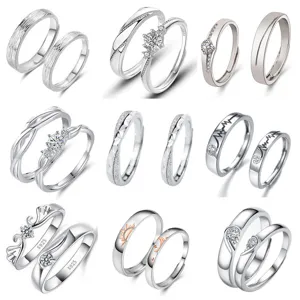 Silver couple rings set open adjustable minimalist matching rings for lovers gift choice.