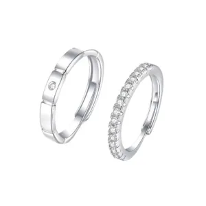 Silver couple ring set with sparkling zirconia, minimalist open ring design for daily wear.