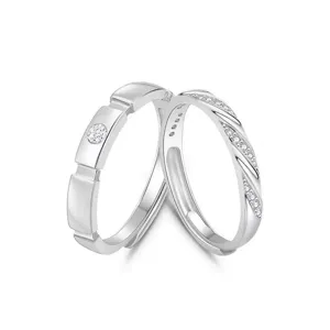 Silver couple ring set with sparkling zirconia, minimalist open design for daily wear.