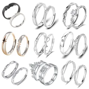 Matching couple ring details featuring minimalist adjustable silver rings for men and women.