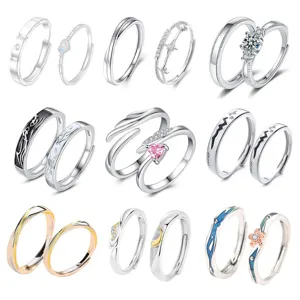 Adjustable couple rings set matching silver rings for lovers valentine gift jewelry.