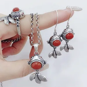 Vintage Goldfish Pendant Necklace Copper Red Rhinestone Clavicle Chain Ring Earrings Ethnic Style Jewelry Women Gift