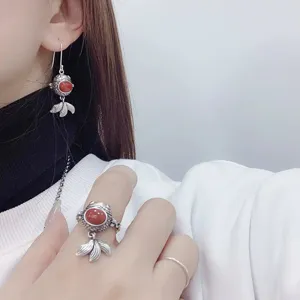 Retro Thai silver goldfish earrings and ring set with red agate simulation for women.