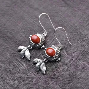 Vintage Thai silver goldfish earrings featuring red simulated agate stones for women ethnic style.