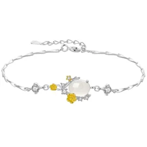Elegant new Chinese style flower bracelet with white chalcedony and sparkling zircon stones.