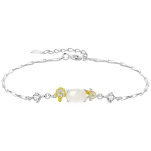 Detailed close up view of silver chalcedony flower bracelet featuring sparkling zircon stones.