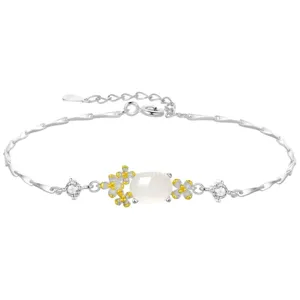 Delicate white chalcedony flower bracelet detail, featuring sparkling zircon stones for women.