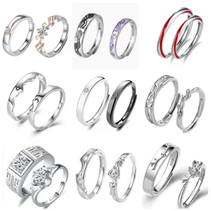 Adjustable couple matching rings set minimalist sterling silver rings for lovers gift.