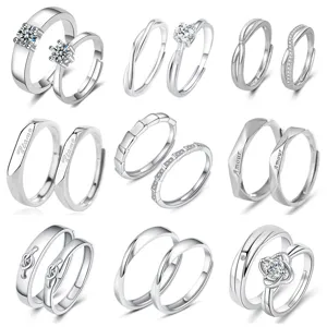 Silver couple rings set adjustable open rings minimalist sparkling cubic zirconia gifts 9pcs