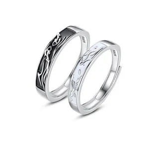 Silver couple rings set with black and white enamel fish design adjustable fit jewelry gift