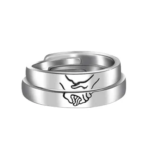 Adjustable couple ring with hand in hand detail silver metal minimalist romantic jewelry gift