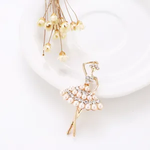Close-up detail of a glamorous ballerina brooch with sparkling rhinestones and pearls.