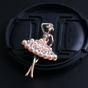 Exquisite rhinestone ballerina brooch with pearl pendant elegant clothing accessory pin
