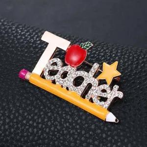 Leraren dag strass broche letter potlood appel ontwerp mode legering sieraden cadeautje speld