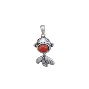 Vintage silver tone goldfish pendant necklace with red stone, ethnic koi jewelry gift.