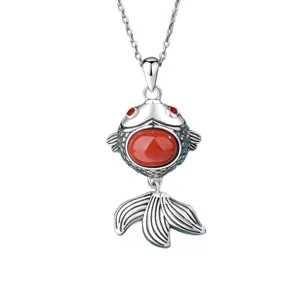 Retro silver-plated goldfish necklace pendant detail featuring a striking red stone accent.