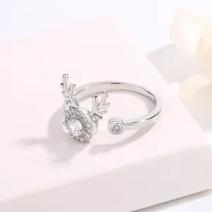 Silver deer antler adjustable ring with sparkling zircon stones for women fashion jewelry