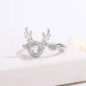 Silver deer antler adjustable ring with sparkling cubic zirconia main stone and elegant halo setting.