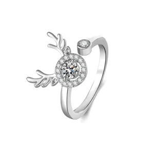 Detailed close-up of the adjustable silver ring with sparkling zirconia and deer antler design.