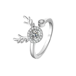 Adjustable silver ring featuring a cute deer antler design and sparkling zircon main stone.