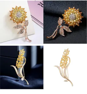 Elegant sunflower wheat brooch pin sparkling crystal rhinestone fashion jewelry accessory for women.