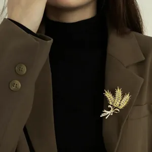 Elegant gold wheat sheaf brooch for women, sparkling crystal rhinestone lapel pin suit accessory.