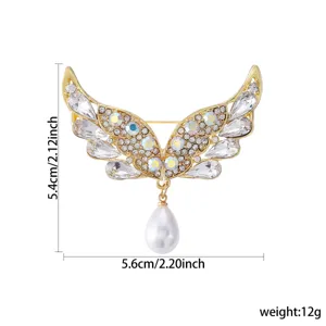 Elegant angel wing crystal brooch with pearl pendant men fashion suit pin jewelry accessory
