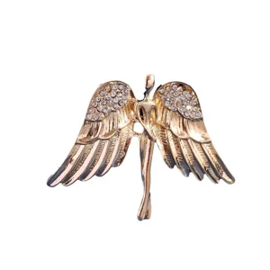 Golden angel wings brooch pin with sparkly rhinestones for stylish men and daily wear