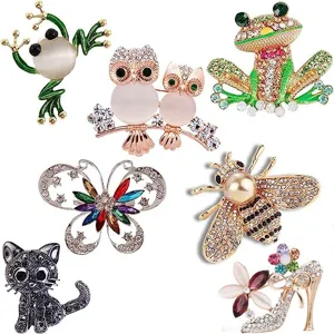 Rhinestone animal and flower brooches set, cute crystal bee, butterfly and owl pins for women.