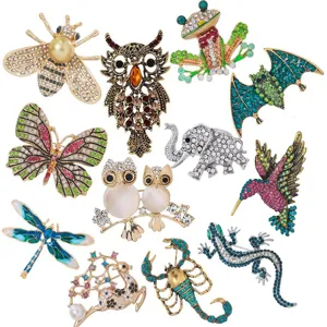 Fashion rhinestone animal brooches set featuring cute bee butterfly owl and dragonfly pins.