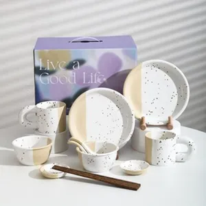 Juego de vajilla de cerámica moteada, tazas creativas, platos, cuencos y caja de regalo.