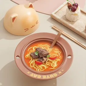 Cute ceramic cat ramen bowl with lid and spoon, cartoon instant noodle bowl for home kitchen
