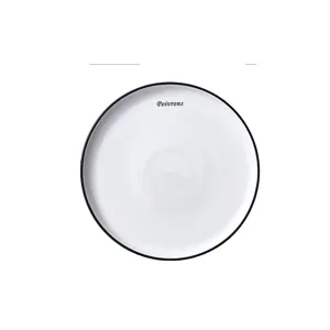 French style ceramic dinner plate with black rim and print, modern white tableware for home use