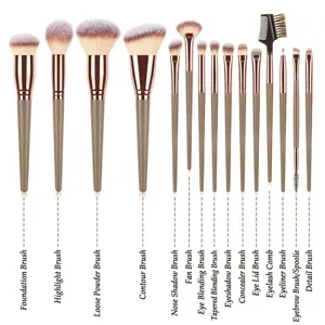 15-piece makeup brush set with soft bristles and brown handles for face and eye makeup.