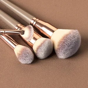 Soft makeup brush set detail view, premium rose gold ferrule and synthetic hair for flawless blending.