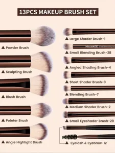13pcs makeup brush set detailed view showing various cosmetic brushes and soft bristles.