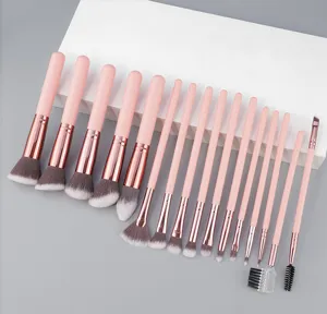 Set de 16 brochas de maquillaje profesionales con mangos rosas y cerdas sintéticas suaves para cara.